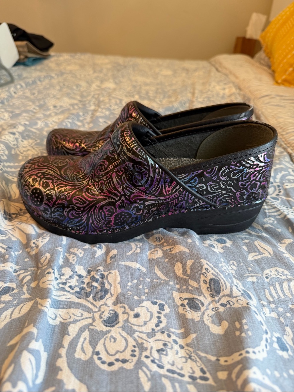 Iridescent Black Floral Slip-On Clogs for Women